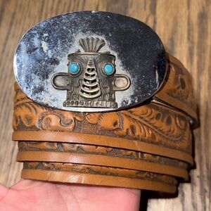 Vitage Engraved Leather Belt with Silver Buckle